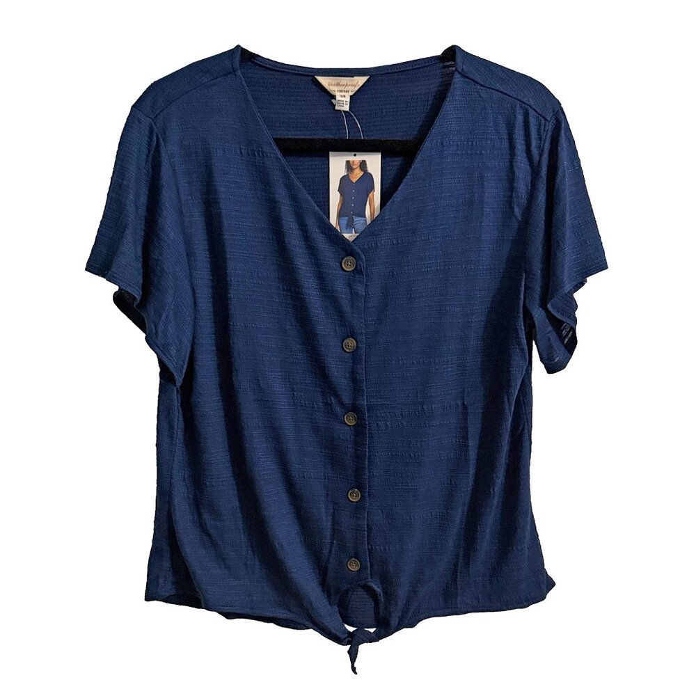 NWT Weatherproof Vintage Navy Blue Tie-Front Button Down Blouse - L